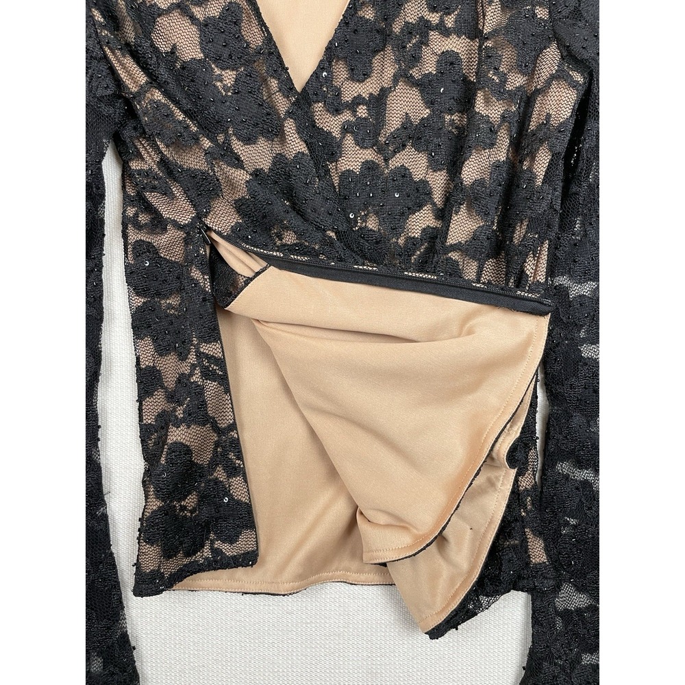 JS BOUTIQUE Lace Overlay Blouse M Sequins Faux-Wrap Mesh Top Evening Romantic - Picture 14 of 14